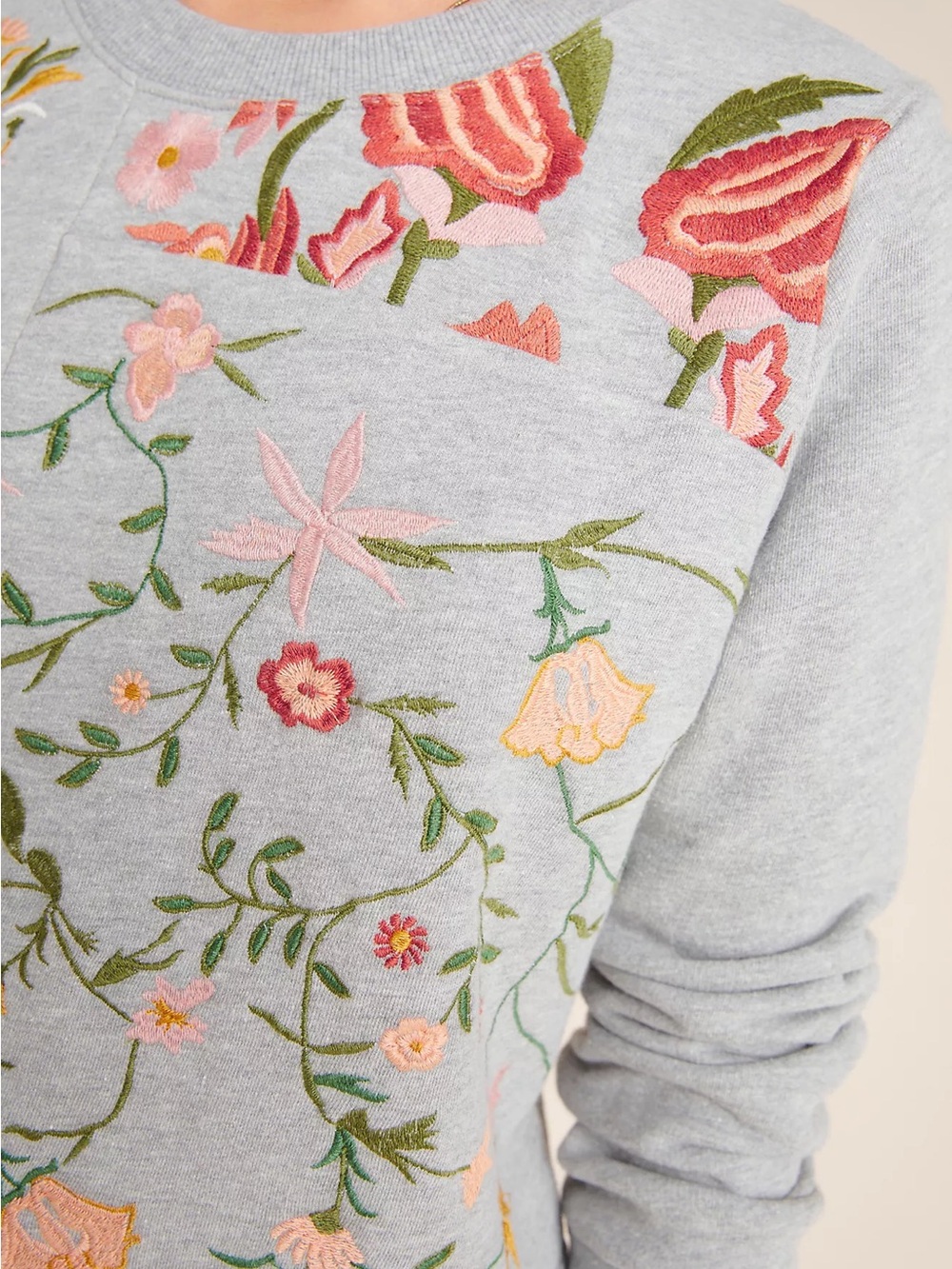 Anthropologie Light Gray Sweatshirt with Multicolor Floral Embroidery - Picture 4 of 11